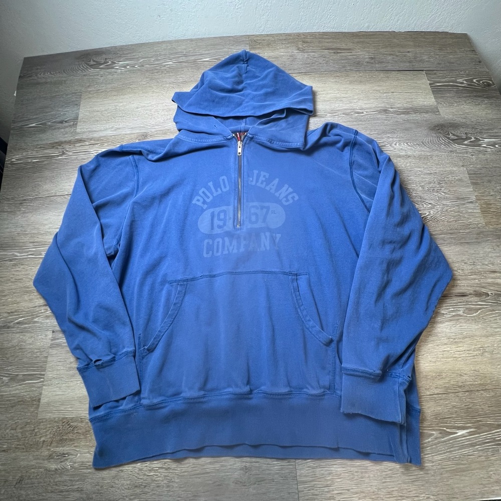 Polo Jeans Co Ralph Lauren Hoodie Mens‎ XL Blue Quarter Zip Graphic Pullover